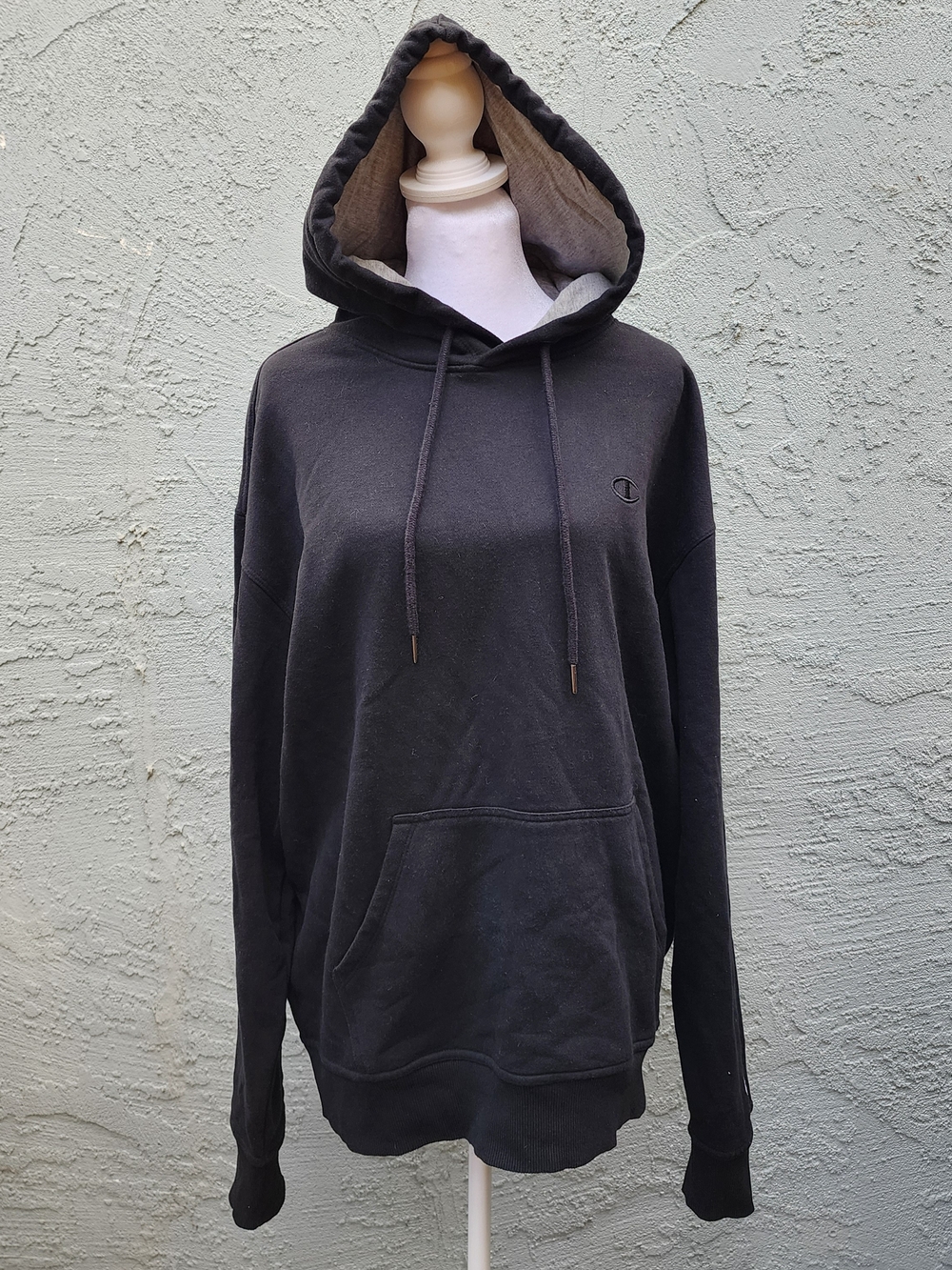 Champion Black Pullover Hoodie Contrast Gray Lined Hood Size Large L